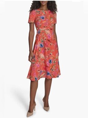 🧡 NWT! Orange Floral CALVIN KLEIN Fit and Flare Dress - Size 6